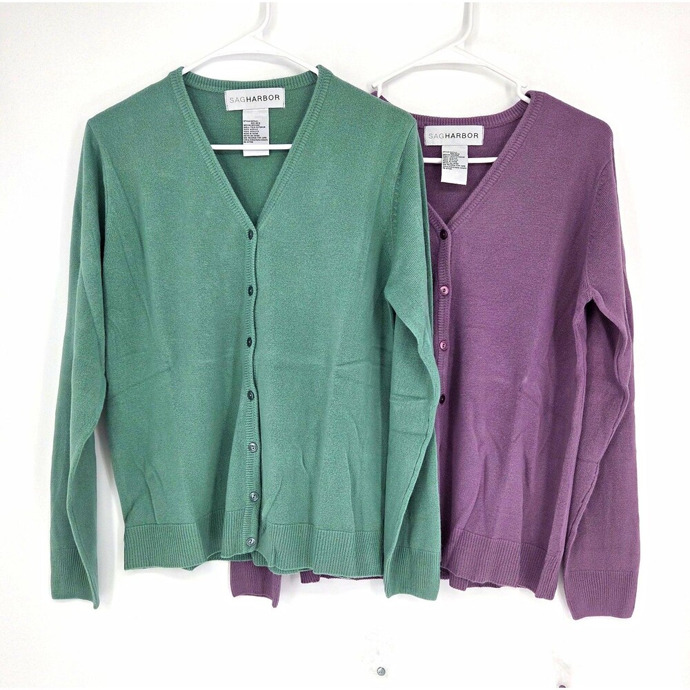 2 Sag Harbor Womens Knit V Neck Button Front Cardigan Sweater Med. Green Purple